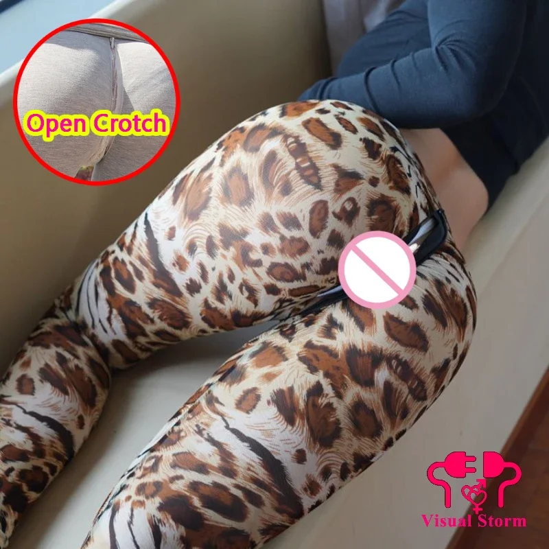 Leggings aperti da donna con motivo leopardato facile da esterno i dati utilizzano pantaloni caldi senza cavallo con cerniera invisibile a vita alta