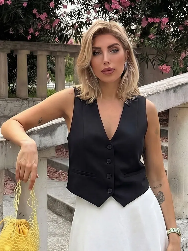 

ZOCI Women Casual V-Neck Sleeveless Waistcoat Elegant Fashion Solid Single-breasted Short Vest Chic Tops Female Summer Outerwear