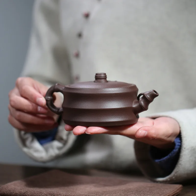 Yixing Original Ore Purple Clay Teapot By Famous Artisans Fully Handcrafted With Leaf Detailing Bamboo Section Tea Pot