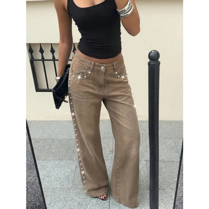 New Arrival European American Style Women Rivet Decor Jeans Fashion Casual Versatile Slim Denim Long Trousers For Ladies