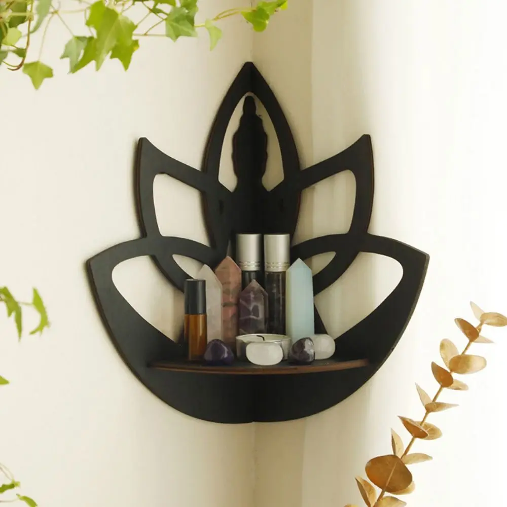 Wall Art Lotus Buddha Display Shelf Handmade Black Hollow Buddha Display Stand Wooden Craft Crystal Storage Holder Room Decor