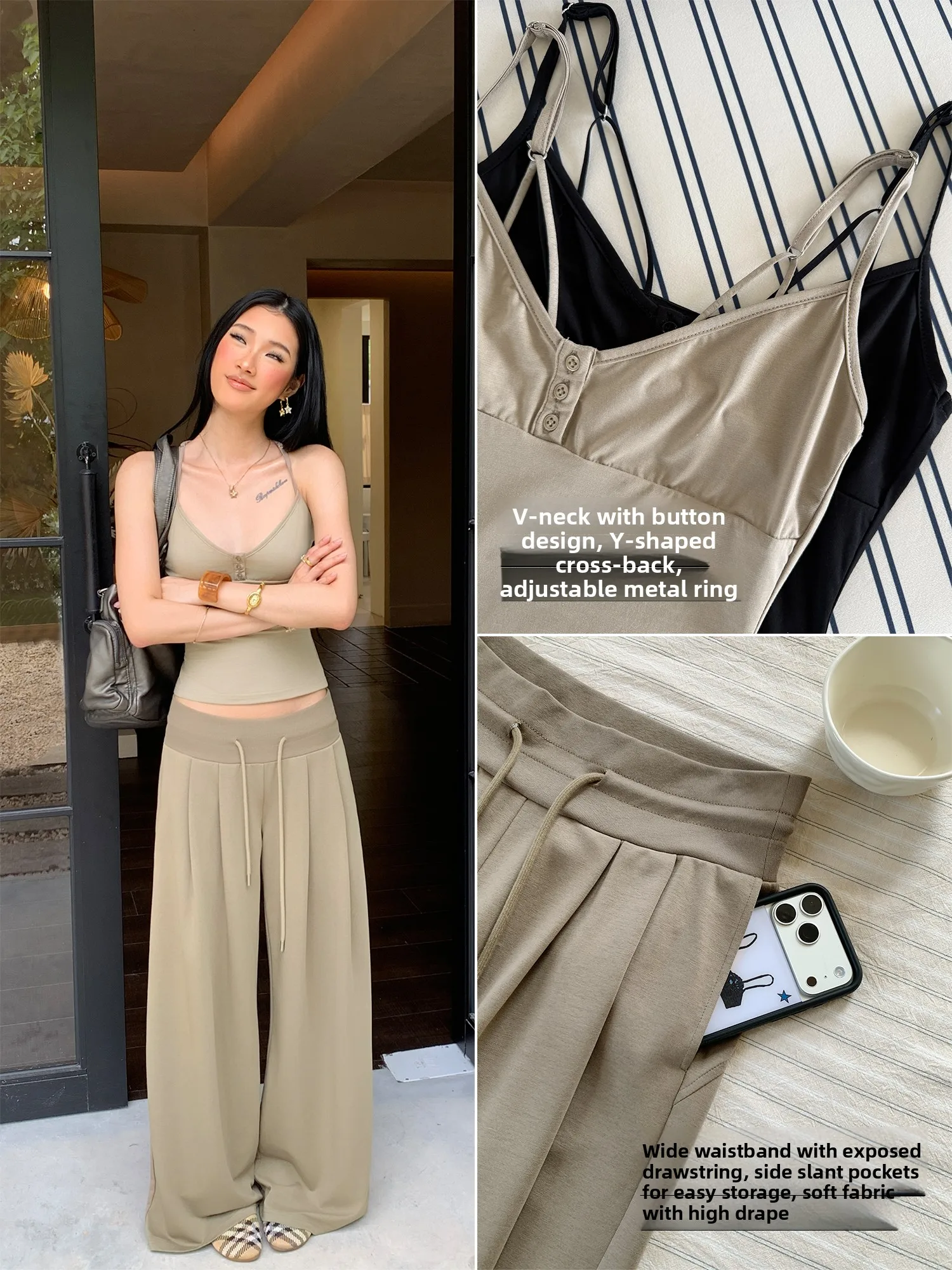 Audwyn Street Style Vest Low Waist Wide Rib Thin Wide Leg Floor Length Sports Pants Two-Way Wear Shoulder Strap Workwear