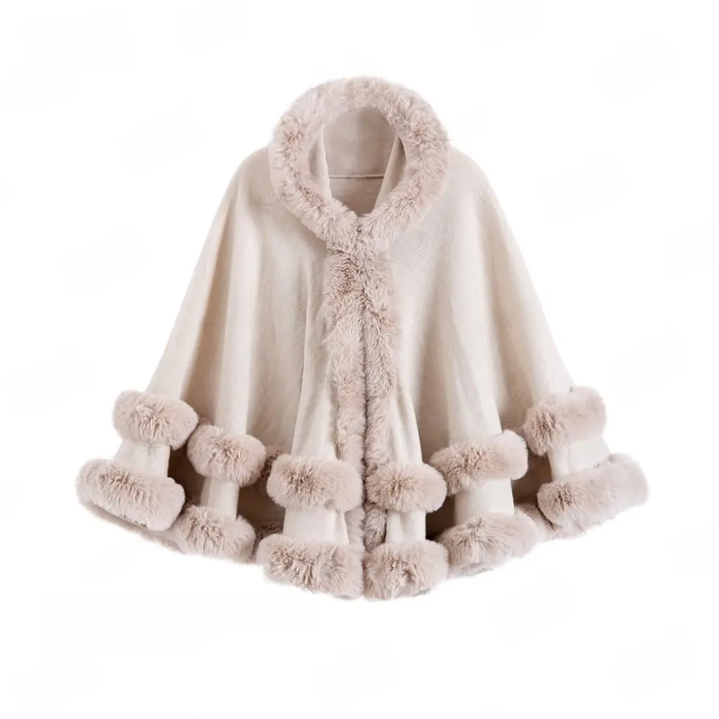 

Women's plus Size Knitted Cape Shawl with Imitation Fur Collar Hooded Warm Coat for Autumn Winter Direct Factory Outlet