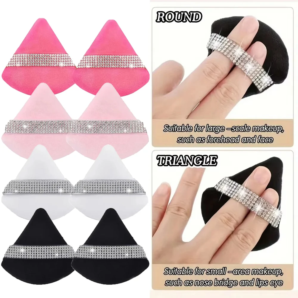 1/3/5/12Pcs Triangle Fan‑Shaped Crystal Velvet Loose Makeup Puff with Rhinestone Diamond Ribbon Smooth Setting Makeup Puff Tool