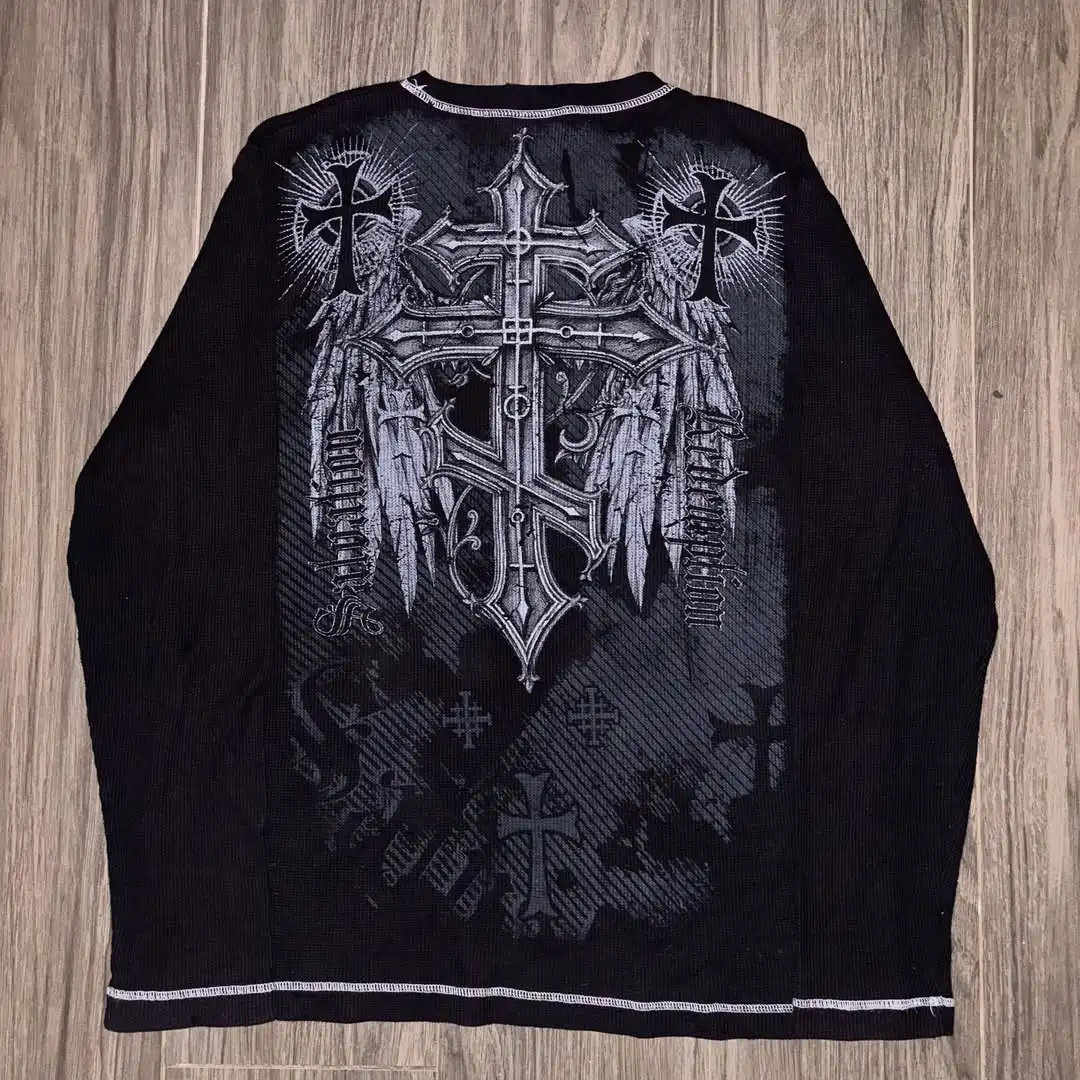 

Affliction Новая футболка в стиле Харадзюку с принтом крыльев и длинным рукавом в стиле хип-хоп для мужчин и женщин, модный готический повседневный свободный топ из чистого хлопка