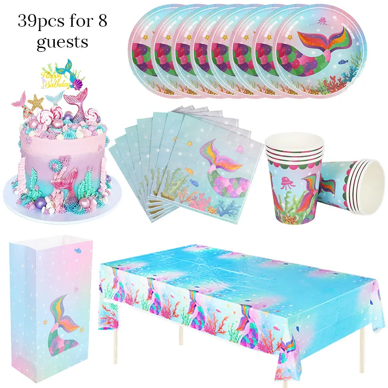 Mermaid Birthday Party Set di stoviglie usa e getta tovaglioli piatti tazze cannucce sotto il mare Baby Shower sirena forniture per feste