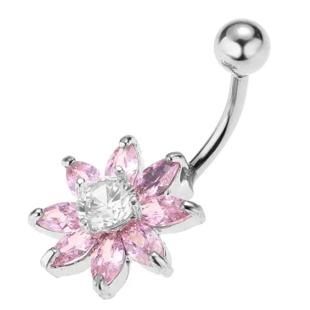 2-6pack Stainless Steel Chrysanthemum Belly Button Ring Navel Silver+Pink