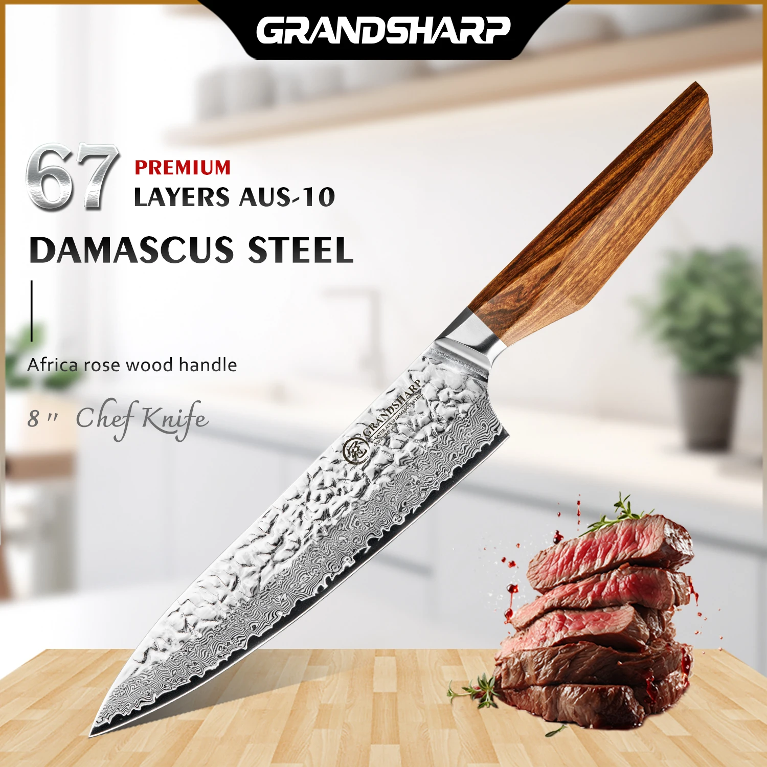 Grandsharp 8''Chef Knife 67 Layers Damascus Steel AUS-10 Africa Rose Wood Handle Professional Kitchen Knife For Cooking