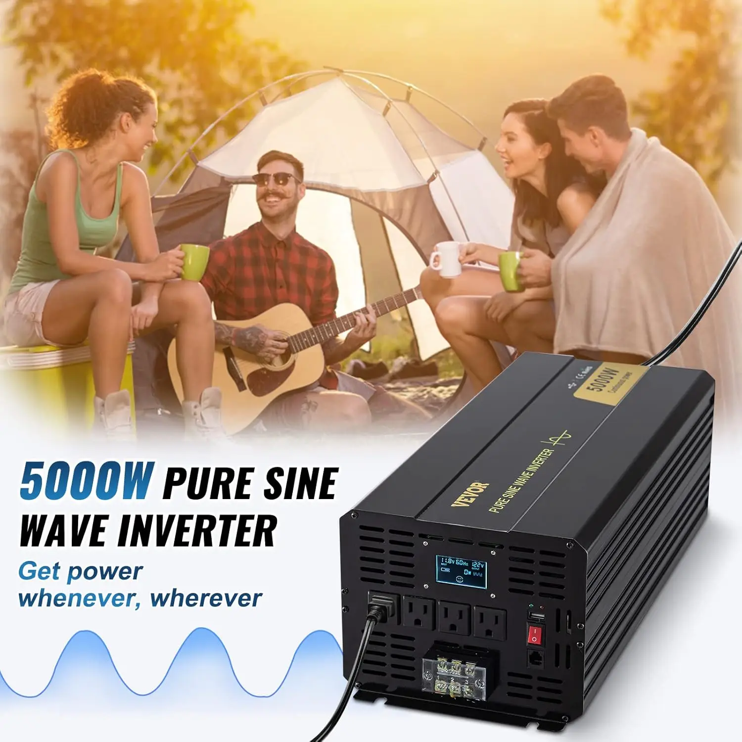 Pure Sine Wave Inverter, 5000 Watt, Power Inverter, DC 12V to AC 120V Car Inverter, with LCD Display, USB Port and Remote