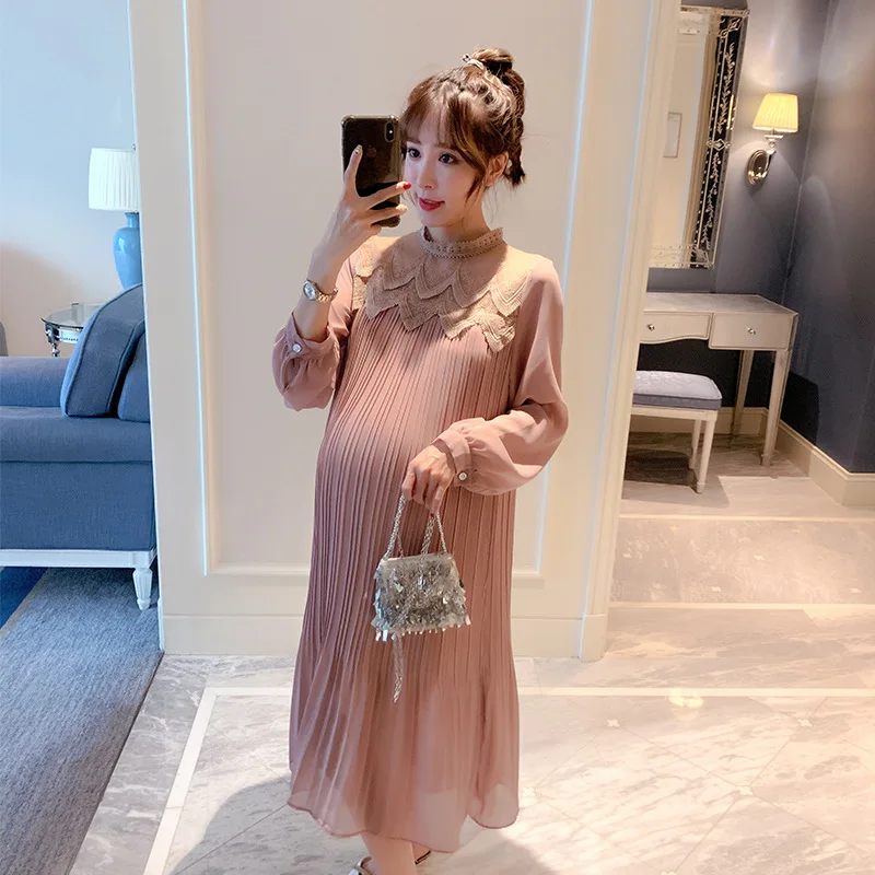 Fashion Korean Style Pleated Chiffon Maternity Long Dress Loose Straight Clothes for n Pregnancy Pink Dresses Clothing