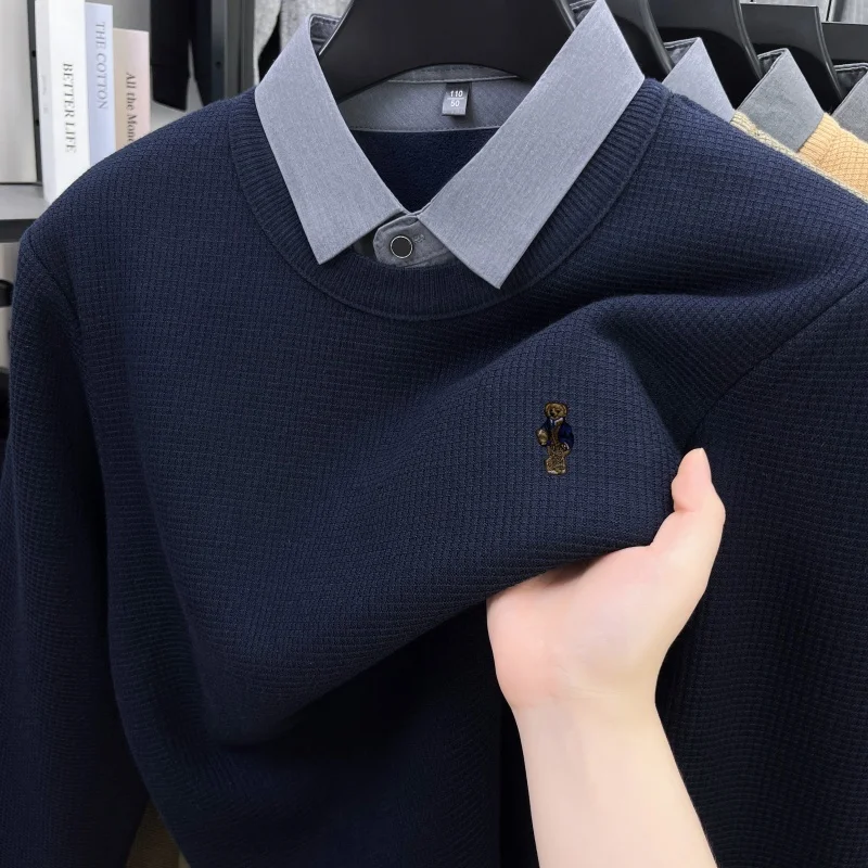 designer original Men's Autumn winter new false two-piece lapel high quality luxury knitwear sweater keep warm Men clothing tops