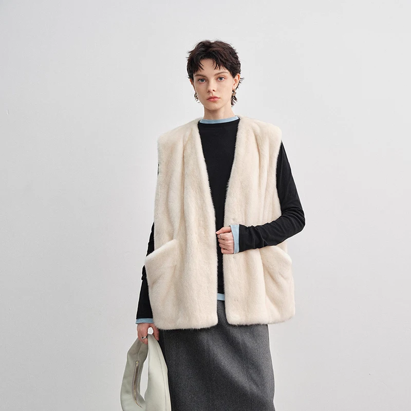 Ftangaiur Winter Import Velvet Mink Fur Coat V-Neck Sleeveless Mink Coat Women Short Vest Natural Real Mink Fur Vest Coats