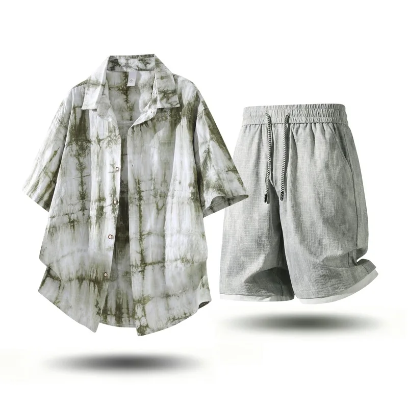 summer-tie-dye-cloth-t-shirt-breathable-5-shorts-set-casual-sportswear-men's-long-sleeve-towel-fabric-short-pants