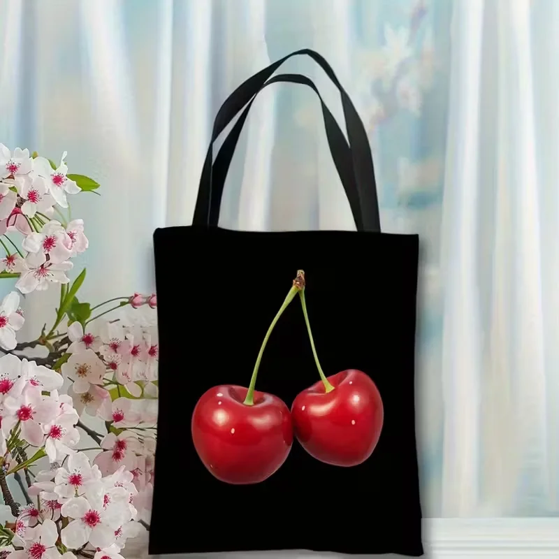 حقيبة كتف كبيرة من Cherry Hearts Freedom Love Sweetness مع حقيبة كتف لطيفة على شكل كرز وقلب للتسوق والشاطئ والنزهة