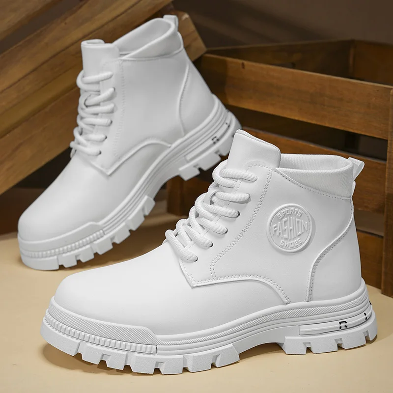 Men Solid White Leather  Combat Boots, Chunky Lug Non Slip Lace Up Ankle Boots For Hiking Street Daily Camping Outfits view 2