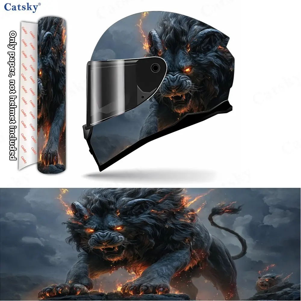 

Fiery Light Demon Lion and Stormy Mountain Domain Helmet Vinyl Wraps, Waterproof Scratch-Resistant Full Face Helmet Decals, Dura