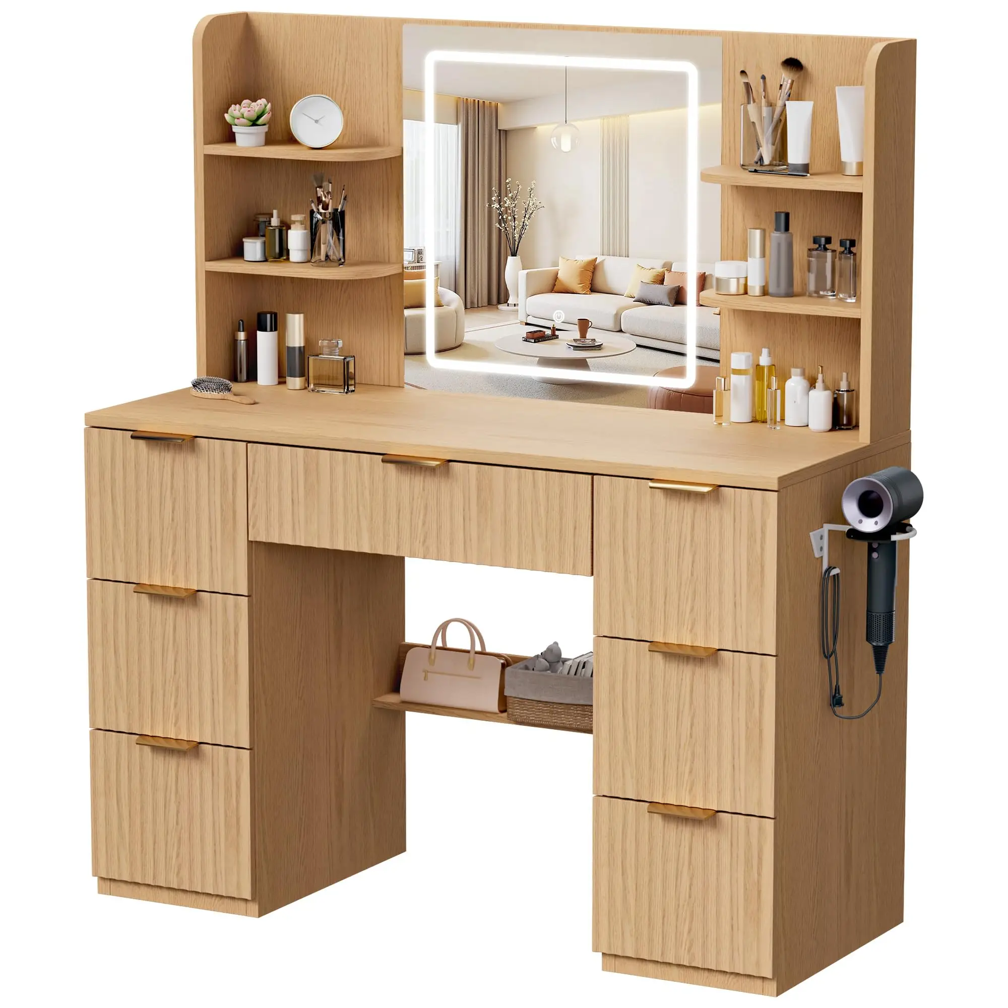 Large Makeup Vanity Desk, 43.3“W x 15.7”D x 53.2“H, Pink (Large Desktop, Samrt LED Mirror, 4 Open Shelves, 7 Drawers