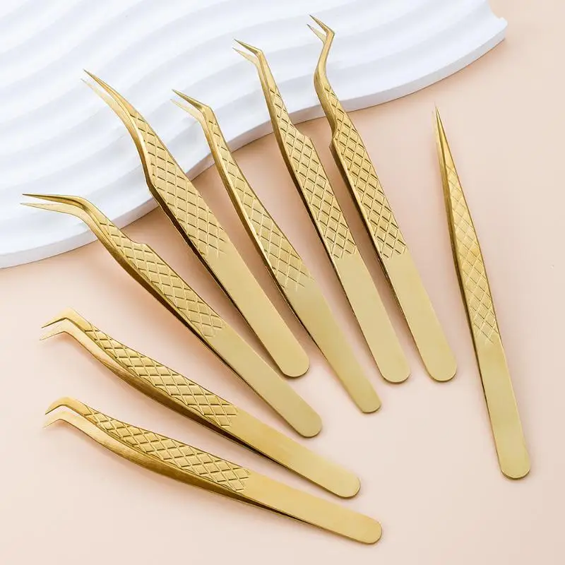 New 1Pcs Fiber Tip Gold Stainless Steel Lash Pickup Tool Eyelash Extension Tweezers For Volume Fans Classic Lash Isolation