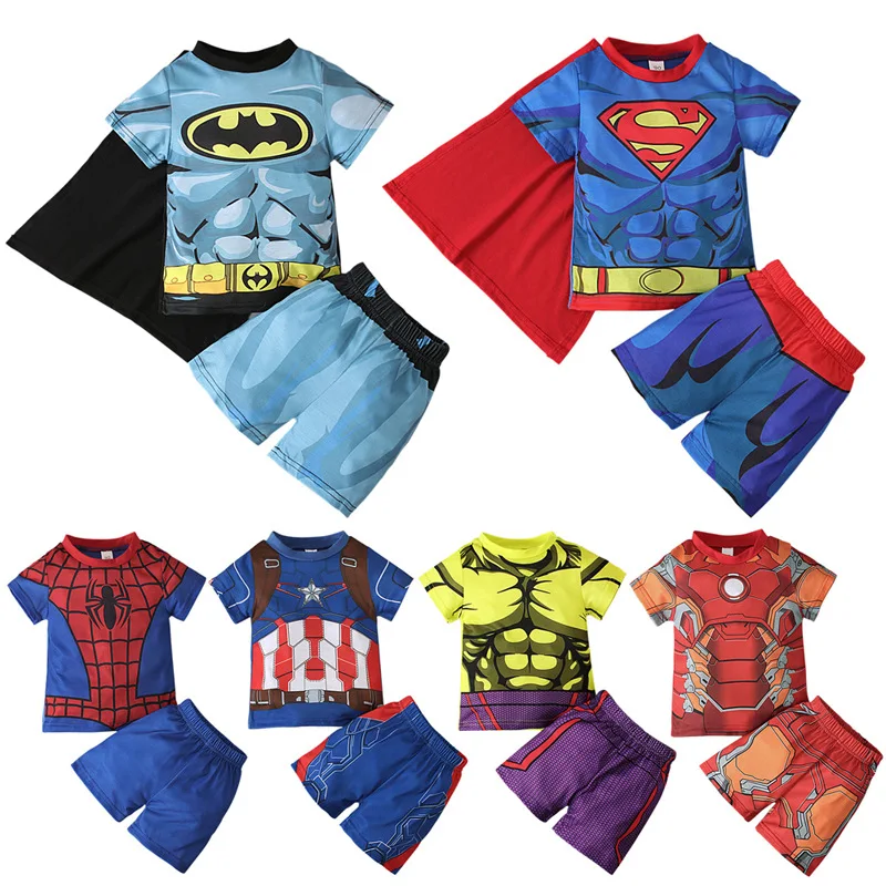 Conjunto de pijama do homem-aranha para meninos, super-heróis dos Vingadores, Capitão América, Cosplay Homewear, tops, shorts terno, pijamas Halloween