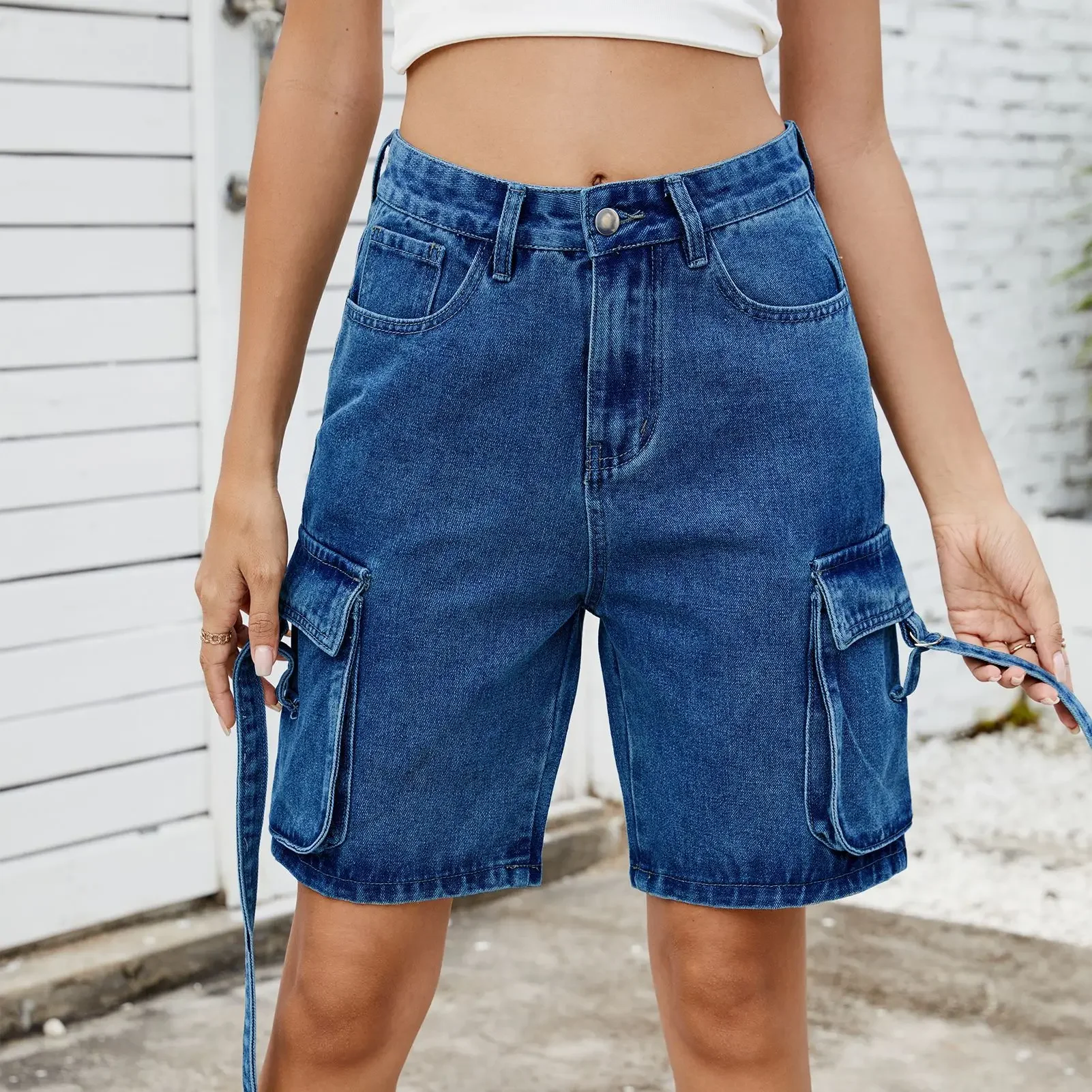 청바지 카고 바지 여성 빈티지 반바지 여러 포켓 중간 허리 워시 디스트레스드 무릎 길이 streetwear 짧은 데님 바지
