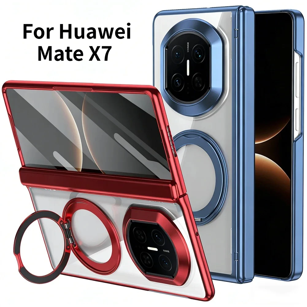 

360° Rotating Metal Magnetic Ring Stand Holder Clear Case for Huawei Mate X7 Glass Screen Protector Foldable Phone Coque Funda