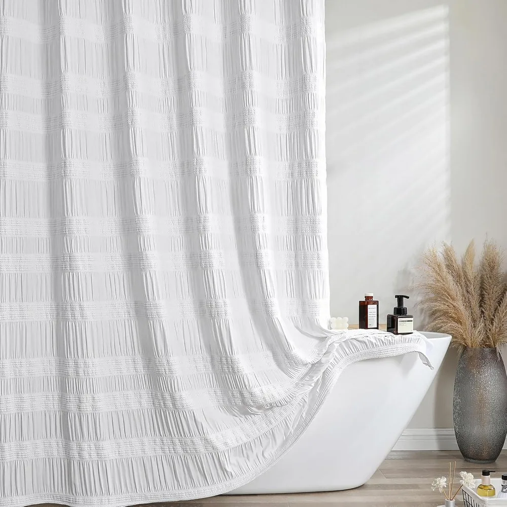 

белая занавеска для душа, фермерский дом, полосатые текстурированные тканевые занавески для душа в деревенском стиле, большая занавеска для ванны в отеле, стиль отеля,