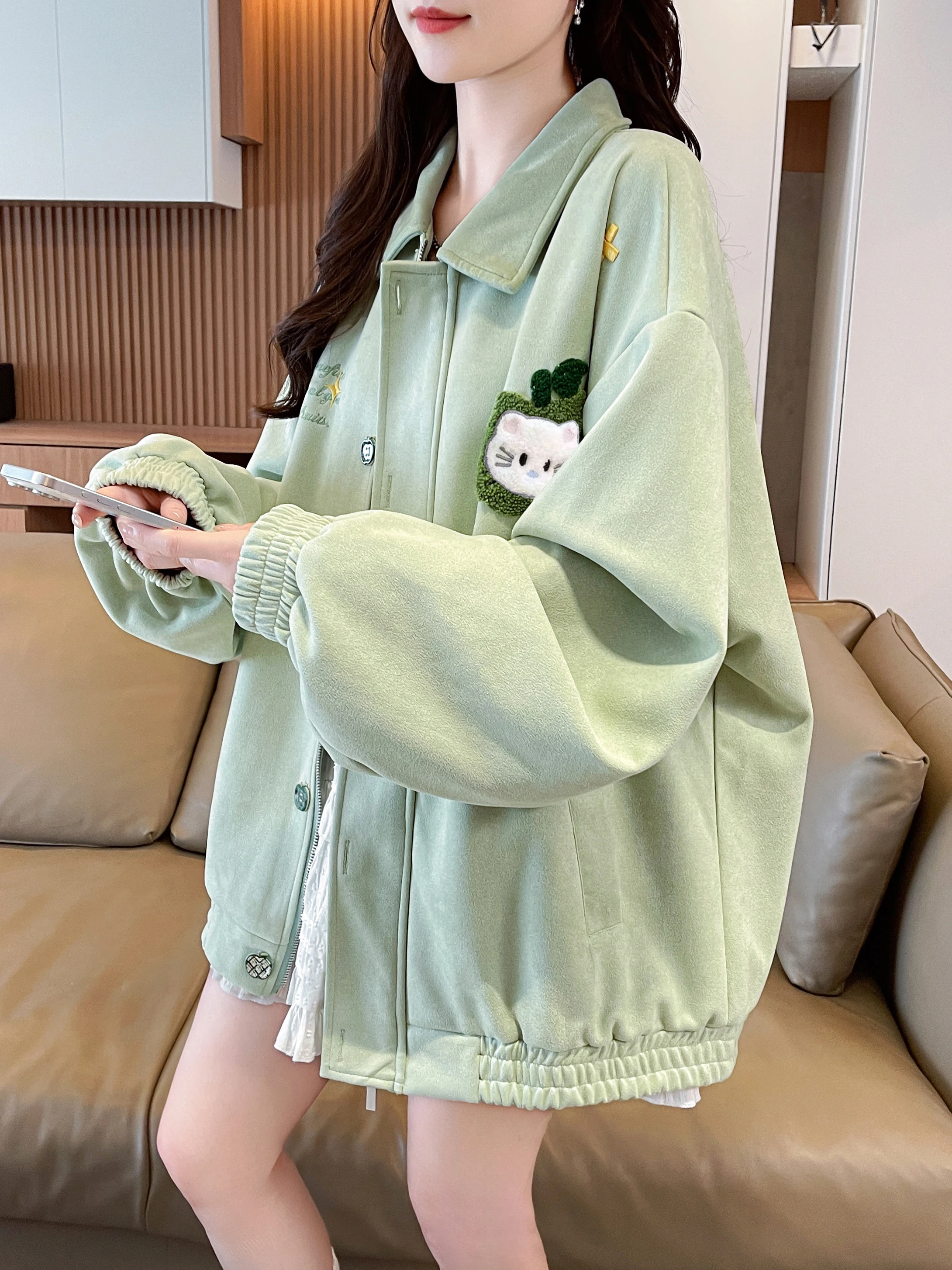 アメリカンスタイルのアップル刺繍ジャケット-レディース-ルーズベースボールコート-秋-イニシャル-高校生-アッパーウェア