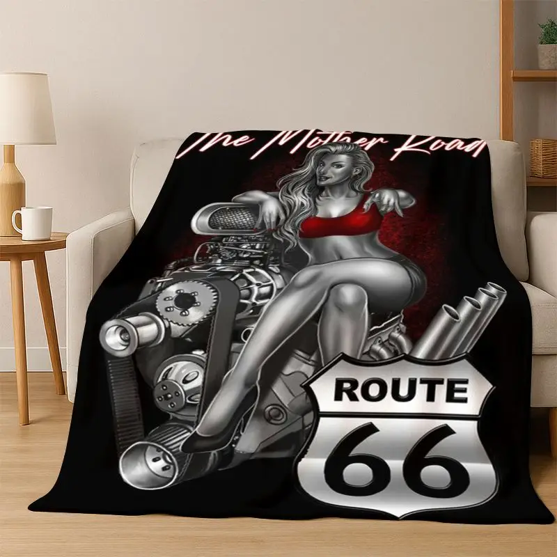 Retro Route66 America Mother Road Sign Flannel Blanket Soft Warm Throw Blanket for Bedroom Living Room Bed Travel Camping Picnic