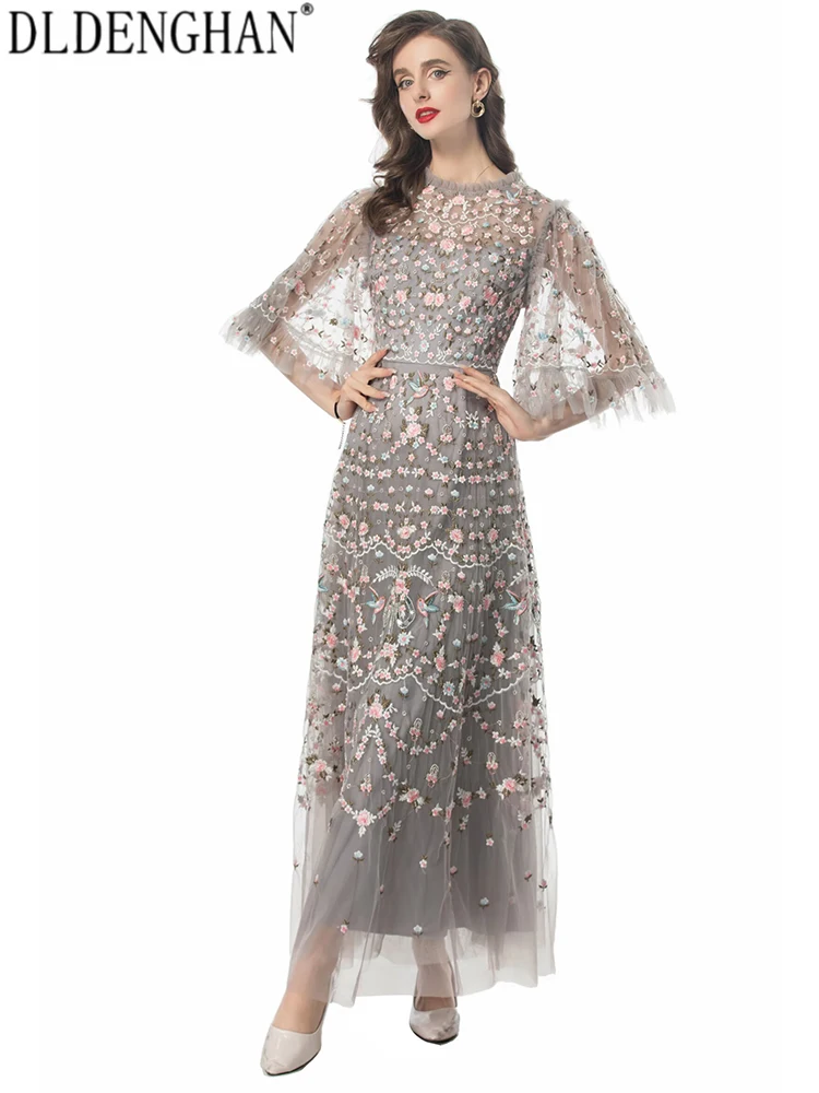 

DLDENGHAN Women Vintage O-Neck Flare Sleeves Embroidery Sequins Spring Summer Slim Maxi Dresses