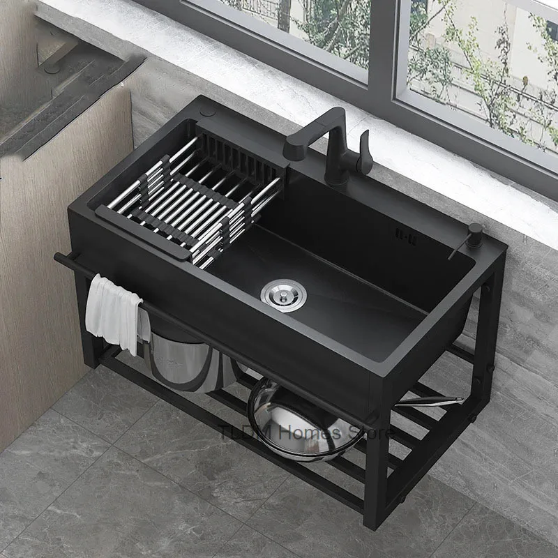 Fregaderos de cocina individuales de acero inoxidable con soporte, fregadero de cocina para el hogar y la piscina, lavabos de cocina montados en la pared para balcón integrados