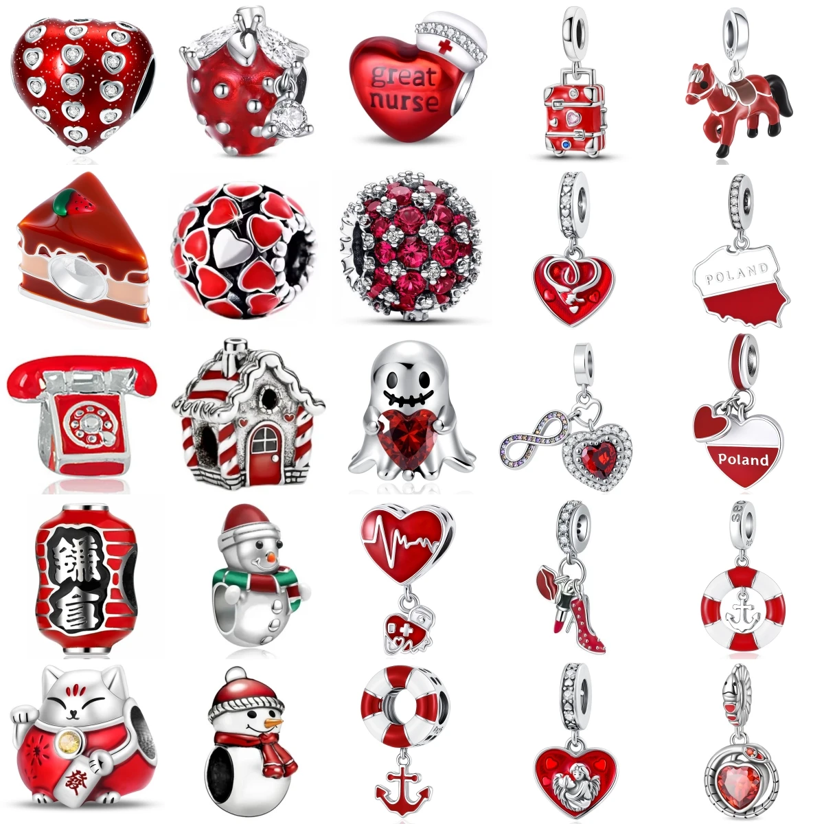 

Браслет из серебра 925 пробы с красными подвесками: Снеговик, медсестра, сердце, призрак. Бусины для самостоятельного изготовления украшений. Подарок для женщин.