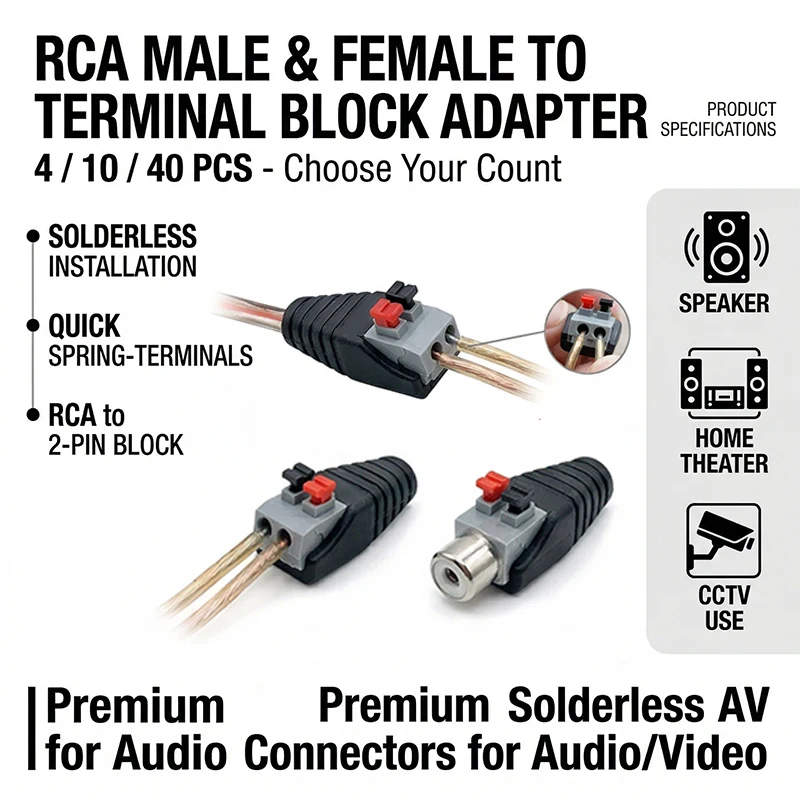 

4/10/40 Pcs RCA Male to Terminal Block RCA Female to Terminal, Solderless Crimp AV Audio Video Connector for Speaker Home Theate
