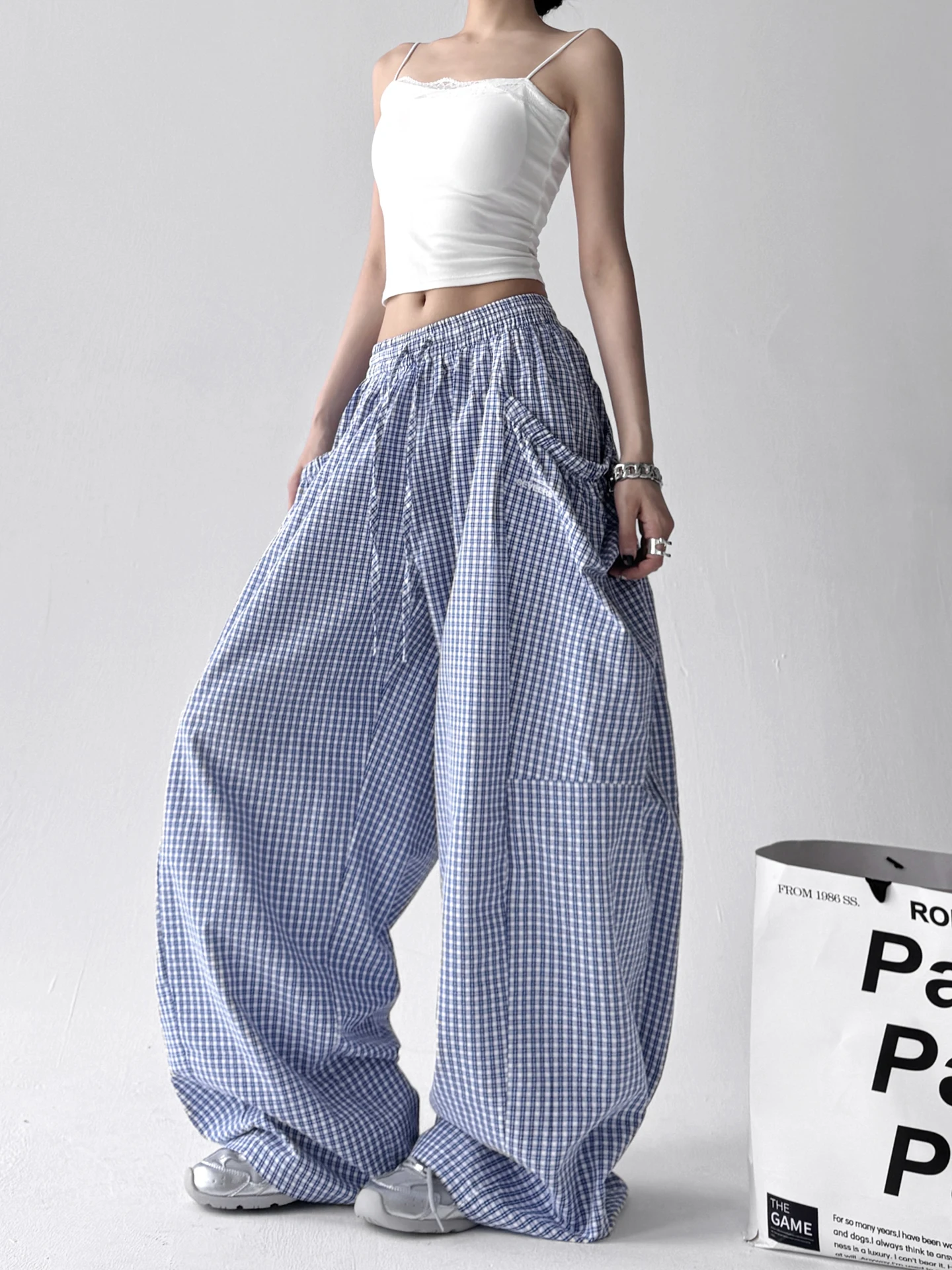 レトロアメリカンチェック柄ワイドレッグカジュアルパンツ レディース 夏新作 ルーズBF風 ラジースタイル エレニフパンツ ハイウエストストレートレッグ
