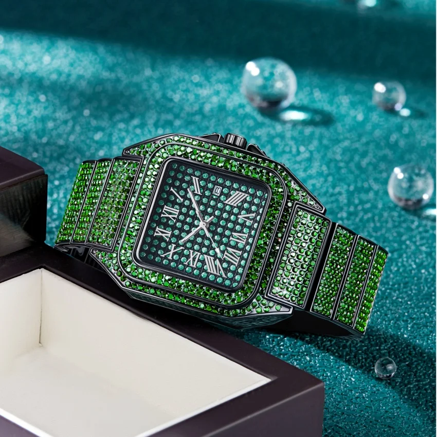 Green Diamond Iced Out Watch Black Plated 24mm Width Roman Numerals Dial Quartz Wristband Watch for Men Women view 2