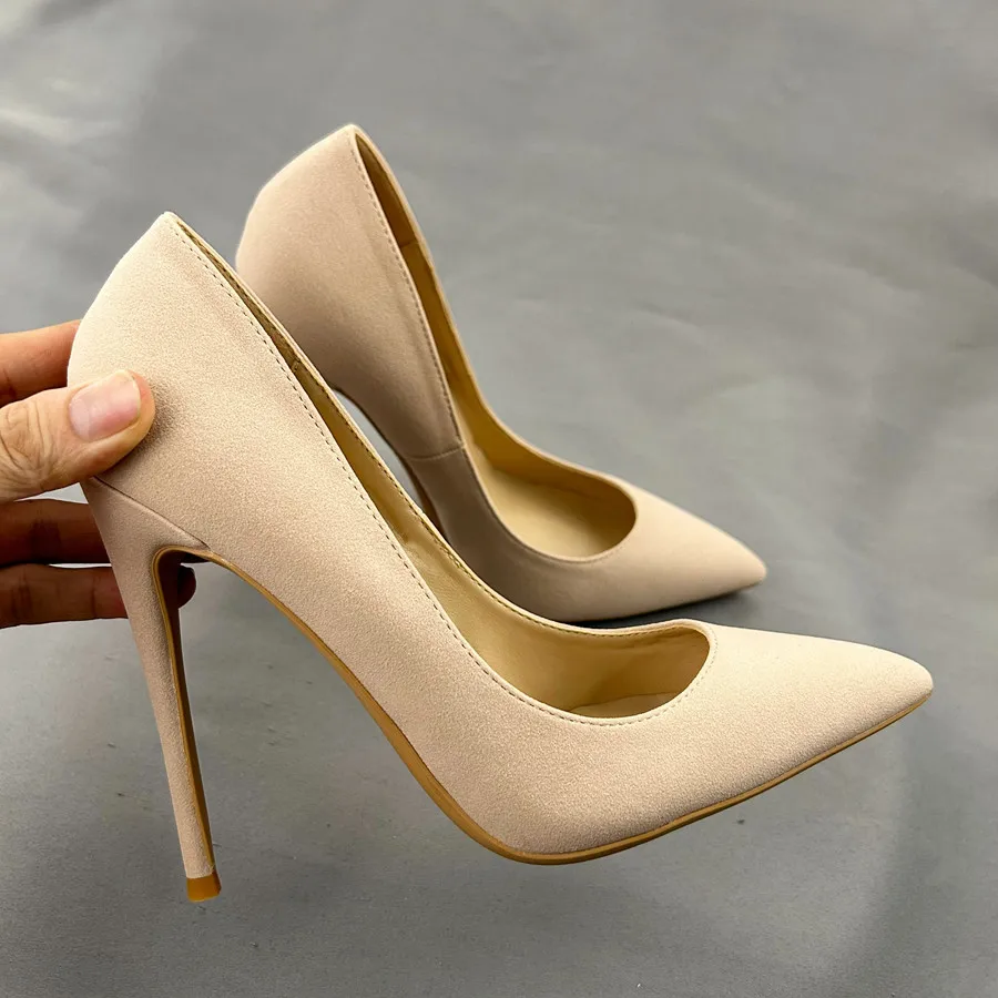 Tikicup Women Sexy Chic OL 12cm Pumps Ladies Stilettos Nude Beige Thin High Heels Elegant Pointed Toe Party Dress Shoes Size46