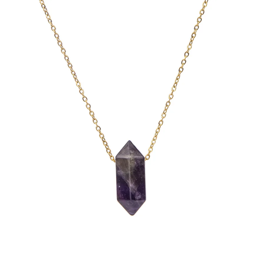 Hot selling natural stone hexagonal column necklace, stainless steel double pointed bullet head amethyst pendant necklace