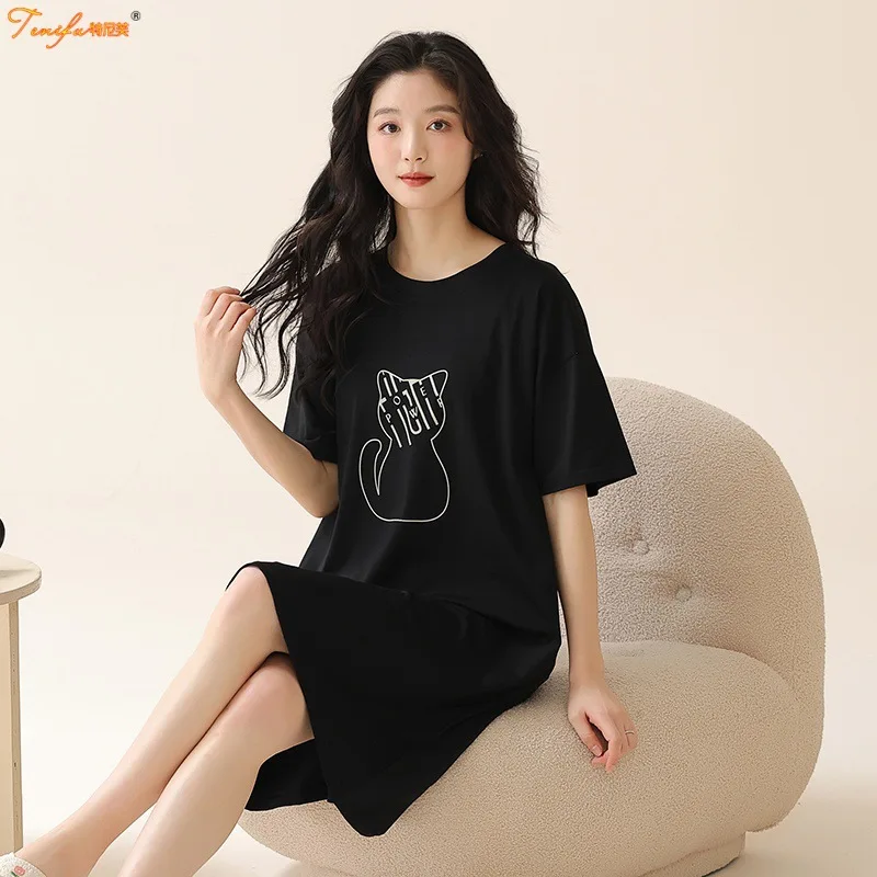 Teeny Summer Pure Cotton Sleep Dress Women's Short Sleeve Midi Loose Breathable Full Cotton Home Clothes Comfortable Casual
