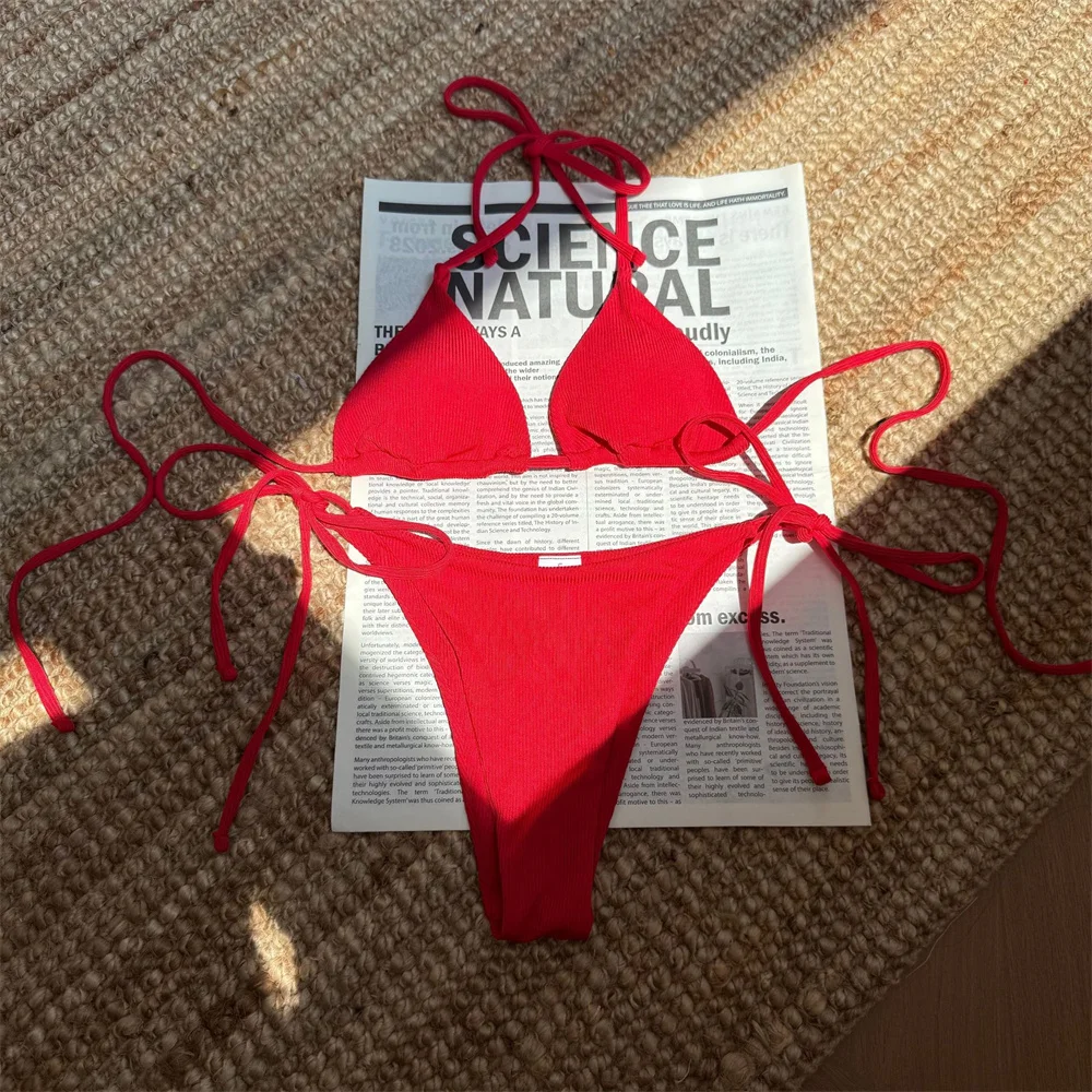 

Сексуальный RED String бикини стринги треугольный микро купальник женский бразильский купальник в рубчик Y2K синий пляжный наряд купальный купальный костюм