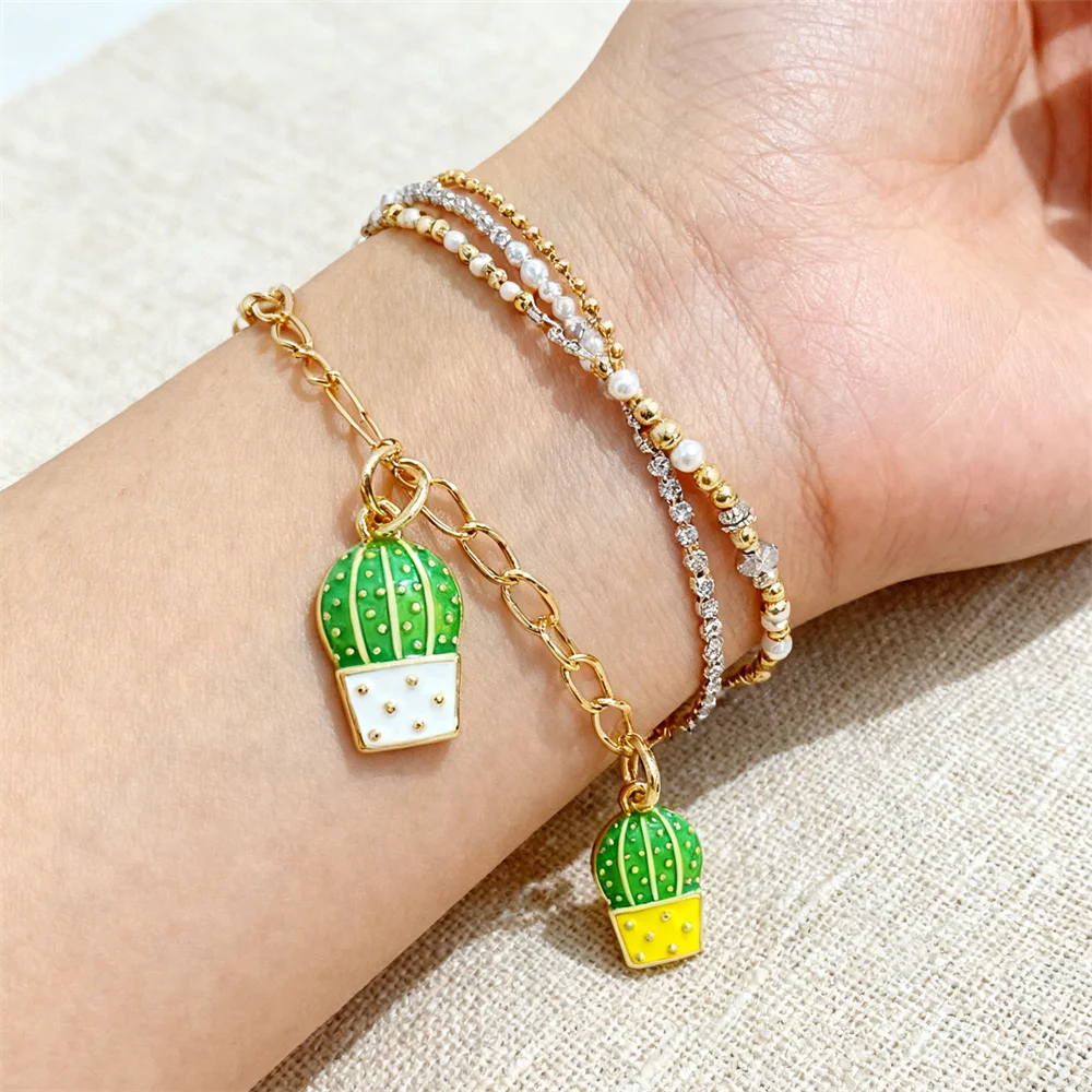 

5Pcs Pendants Vibrant Brass Zircon Enamel Cactus Charms Potted Plant for DIY Jewelry Necklace Bracelet Accessories for Women Men