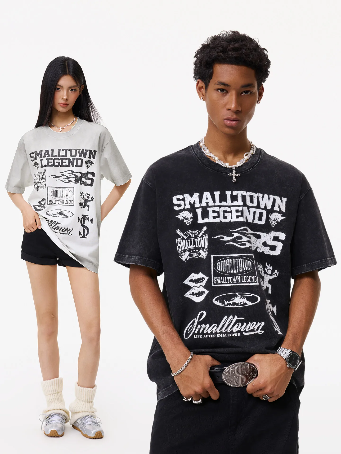 Washed Destroyed Short Sleeve T-Shirt American Series Vintage Street Style Trendy Tee Loose Fit Knitted round Neck Letter Print