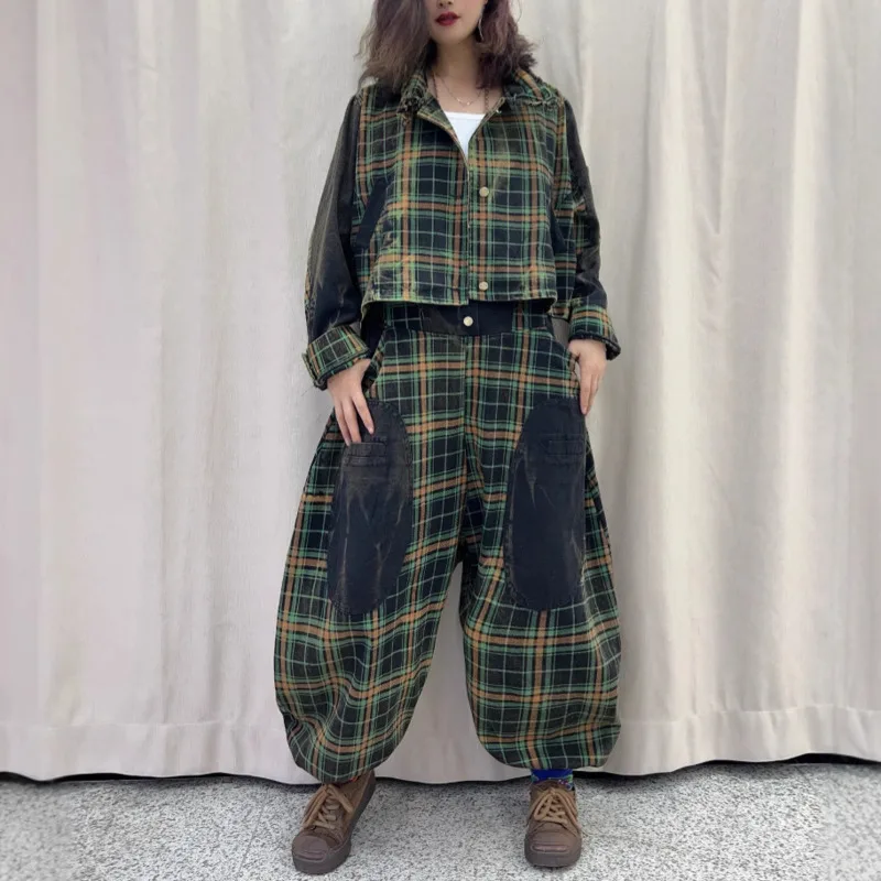 ANJY Autunno Nuove Donne Casual Marea Plaid Monopetto Giacca di Jeans Elegante Streetwear Y2K Tasca di Colore a Contrasto Tuta A8521