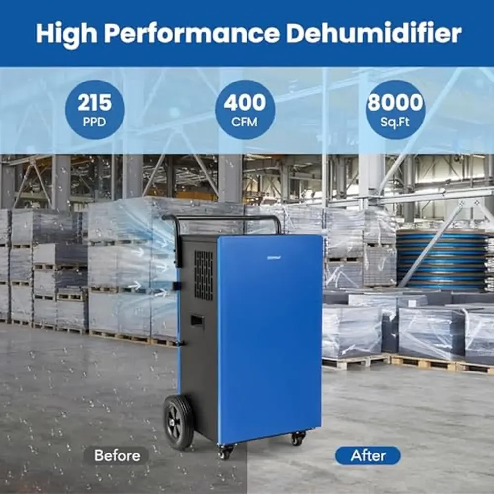 215 Pint Industrial Dehumidifier 8000 Sq.Ft Digital Display Auto Defrost 24H Timer & Mobility Features