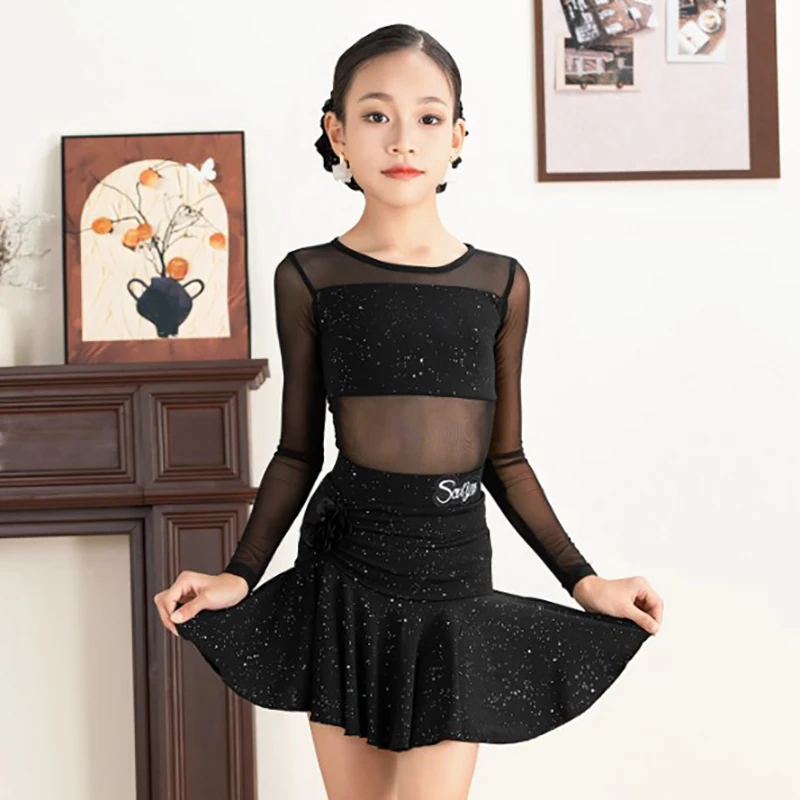 

Children's Latin Dancewear Shiny Mesh Long Sleeve Bodysuit and Skirts Suits Kids Girls Training Practice Performance Clothing