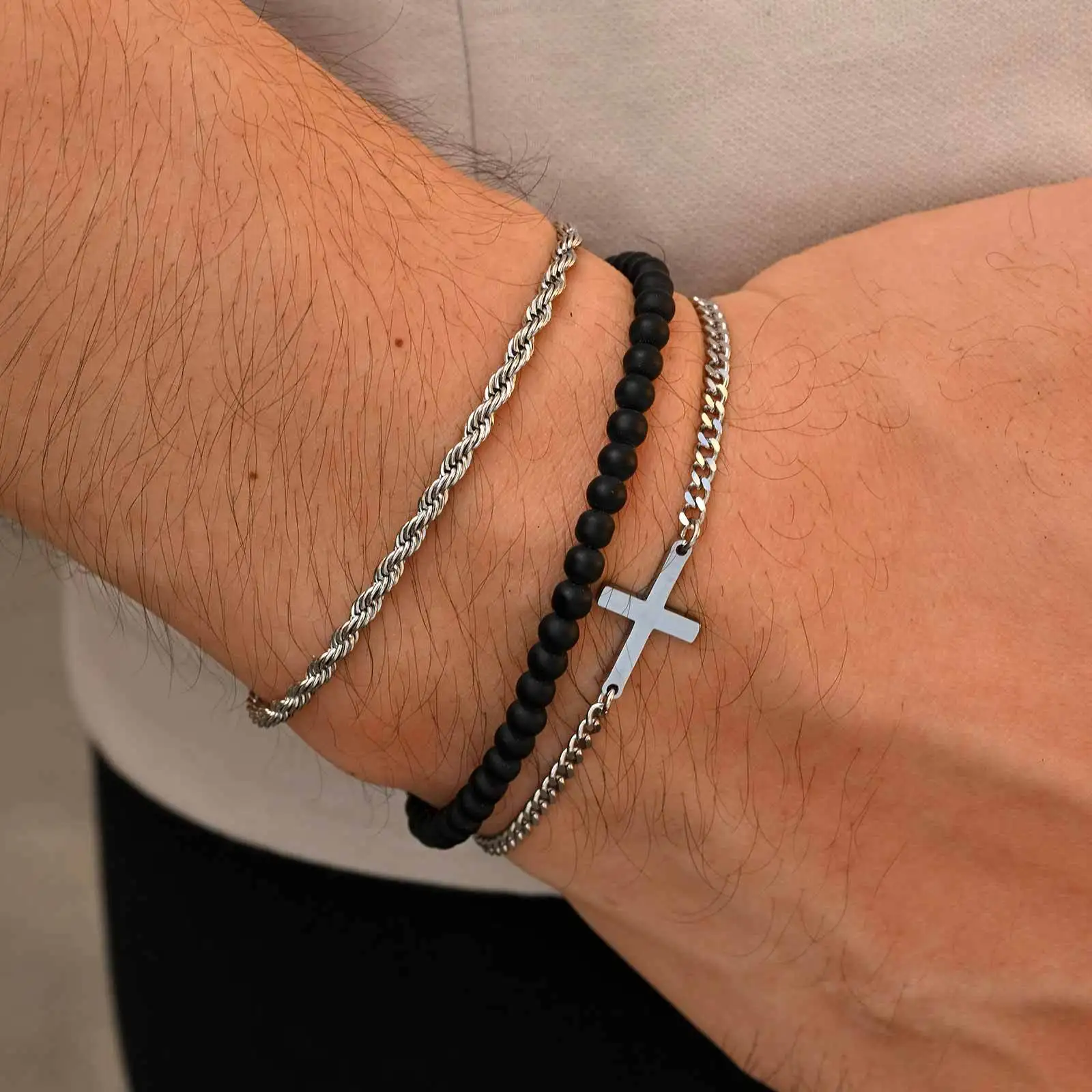 

3pcs Stylsh Cross Men's Bracelet,Punk Stainless Steel Stacked Chain Link Wristband,Birthday Anniversary Gift for Him