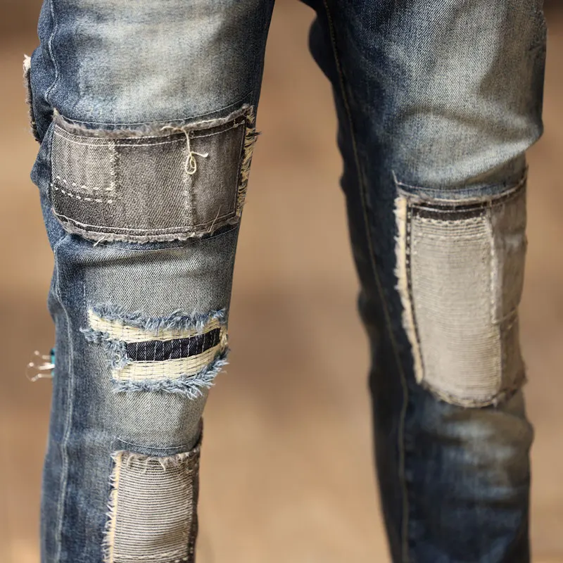 High Street Fashion Men Jeans Retro Washed Blue Stretch Slim Fit Ripped Jeans Men Patched Designer Hip Hop Denim Punk Pants