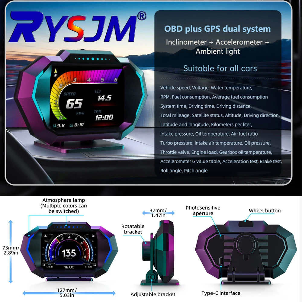 

Автомобильный проекционный дисплей (HUD) OBD+GPS: скорость, температура воды, напряжение, расход топлива, давление в турбине, сигнализация превышения скорости, 12 языков