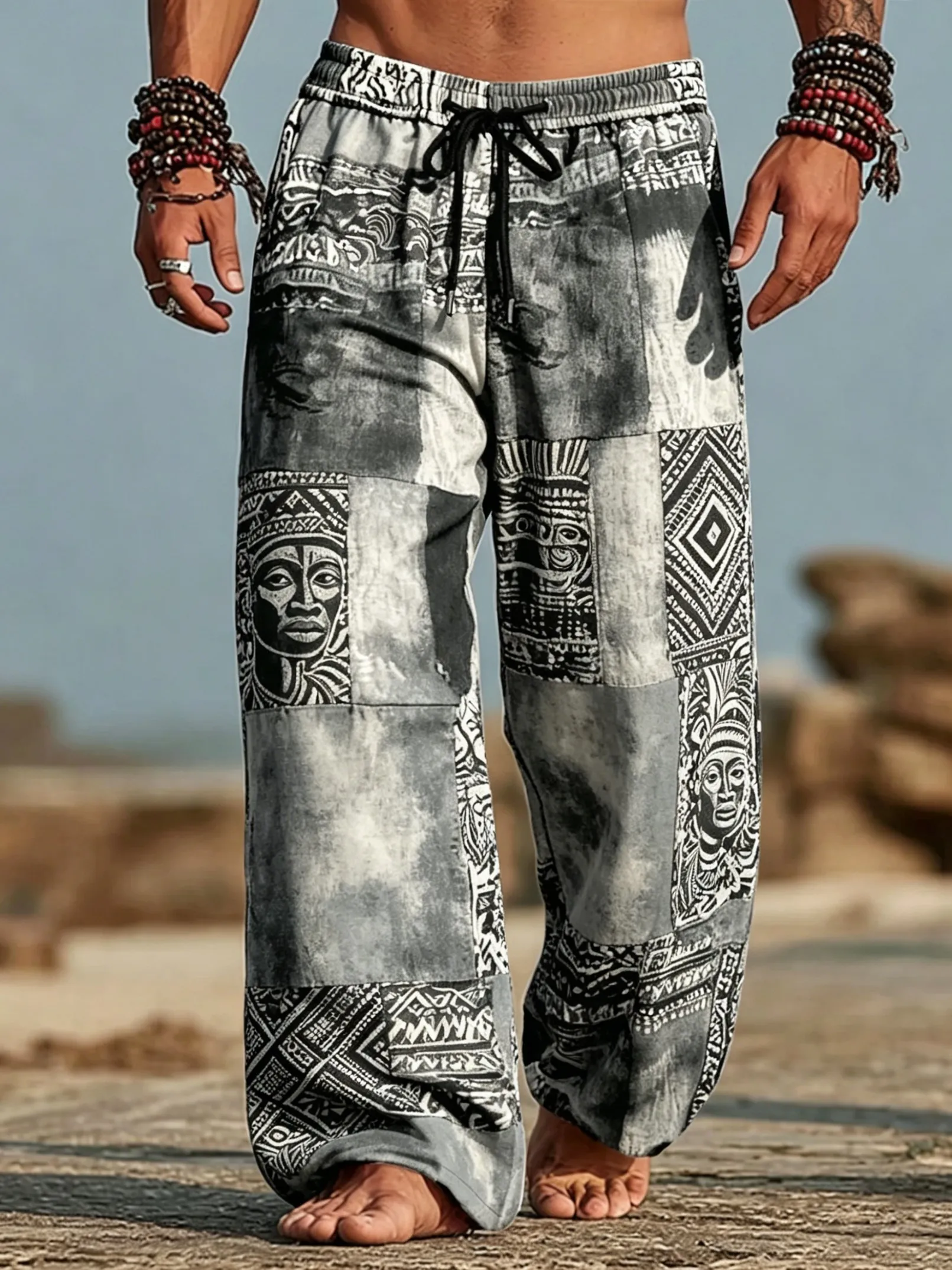 Pantalones Largos con Cordón en la Cintura y Estampado Tribal Africano para Hombre, Corte Holgado y Relajado para Primavera, Verano, Playa, Uso Diario Informal
