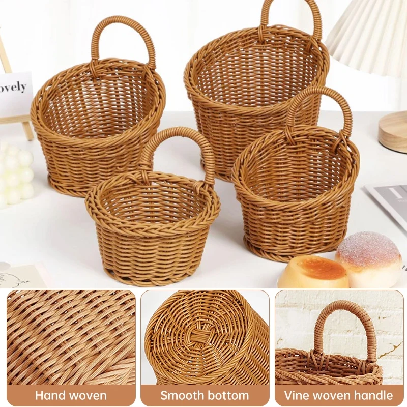 

1PC Imitation Rattan Kitchen Storage Basket Home Decoration with Handle Hand-woven Hanging Baskets Vegetable Fruit Flower Brown