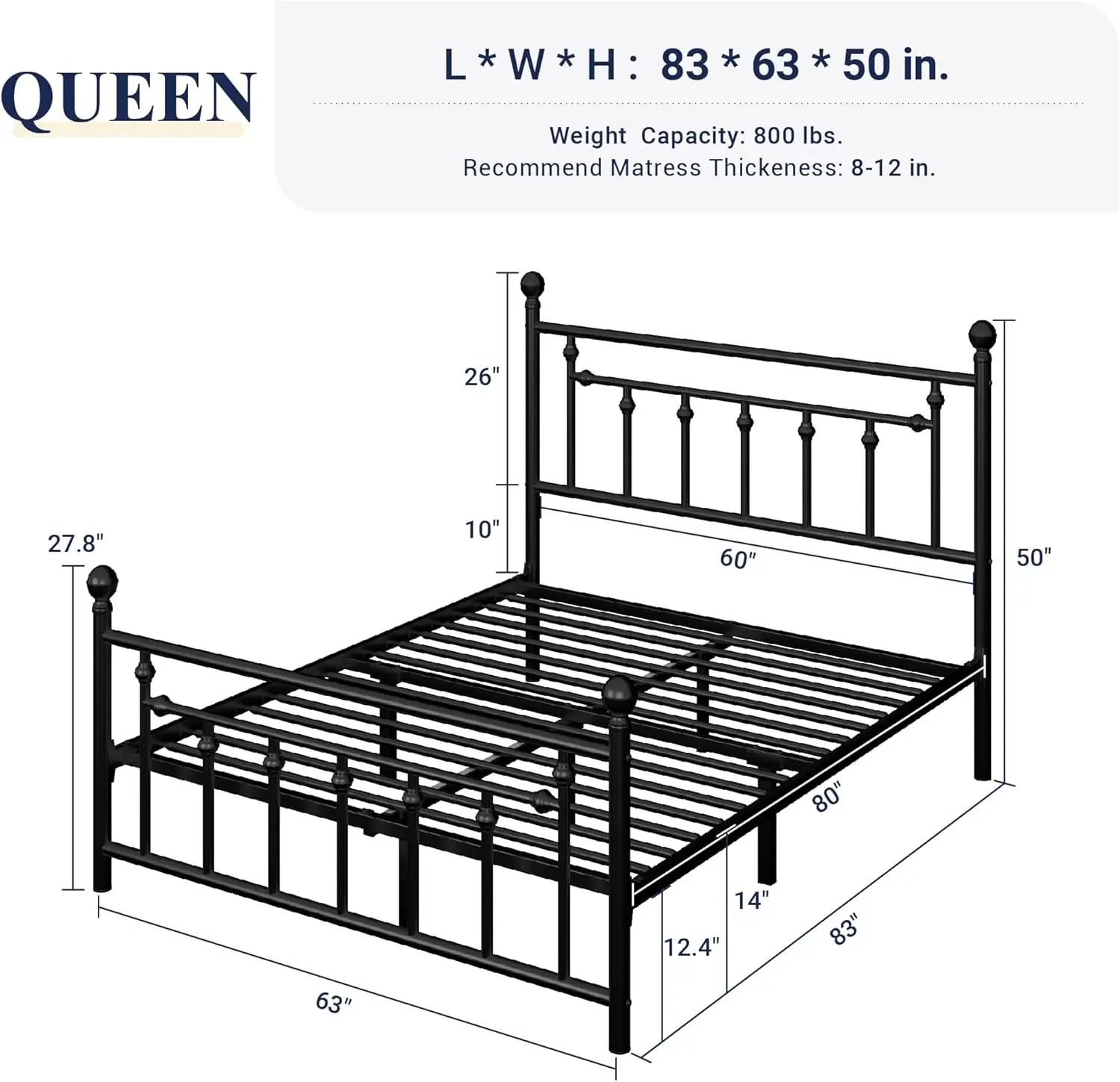 14 Inch Queen Size Metal Platform Bed Frame with Victorian Vintage Headboard and Footboard/Under Bed Storage/No Box Spring