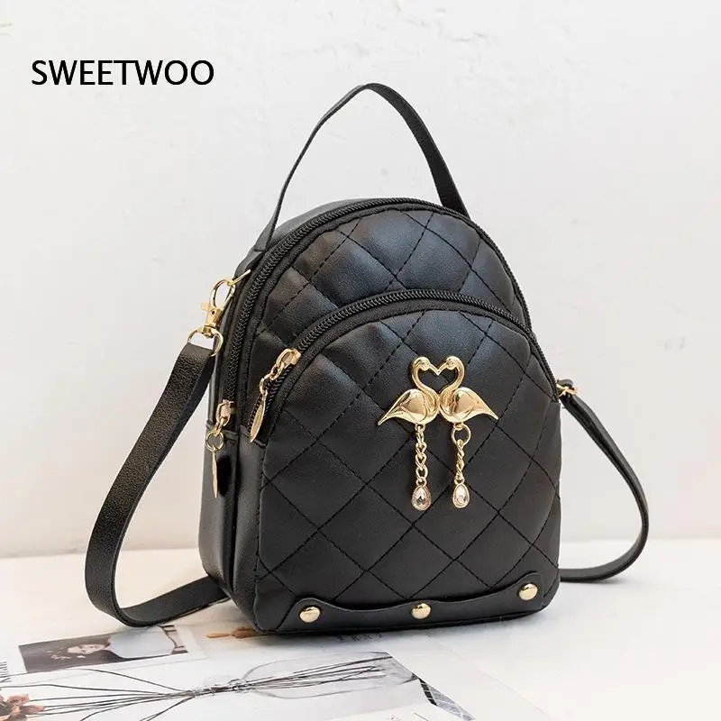 Ladies Elegant Diamond Quilted Small Backpack Cute Metal Bird Charm Decor Multi Purpose Portable Lightweight Mini Rucksack
